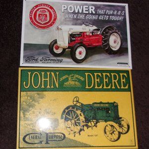 Ford & John Deer Tractor Signs Metal Tin Man Cave Garage Lot of 2 Approx. 16X11"